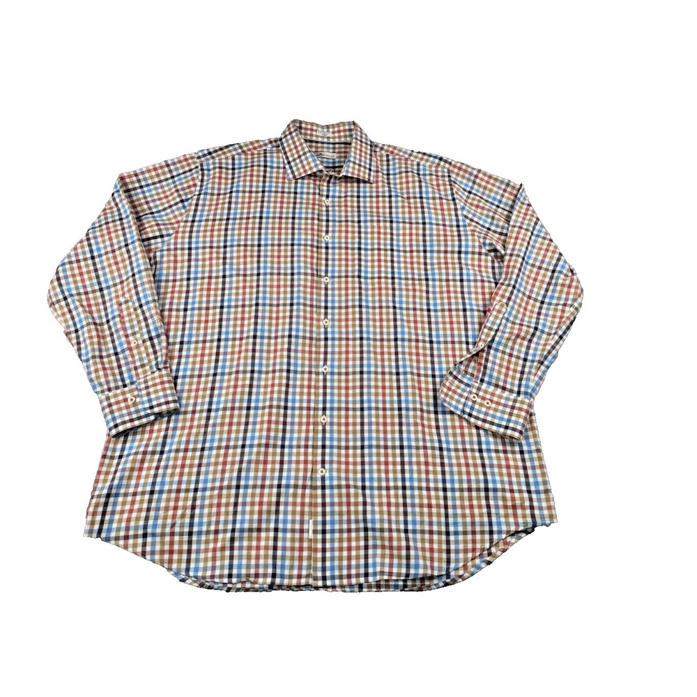 Peter Millar Mens  Dress Shirt XXL Multicolor Plaid Stretch Cotton Long Sleeve
